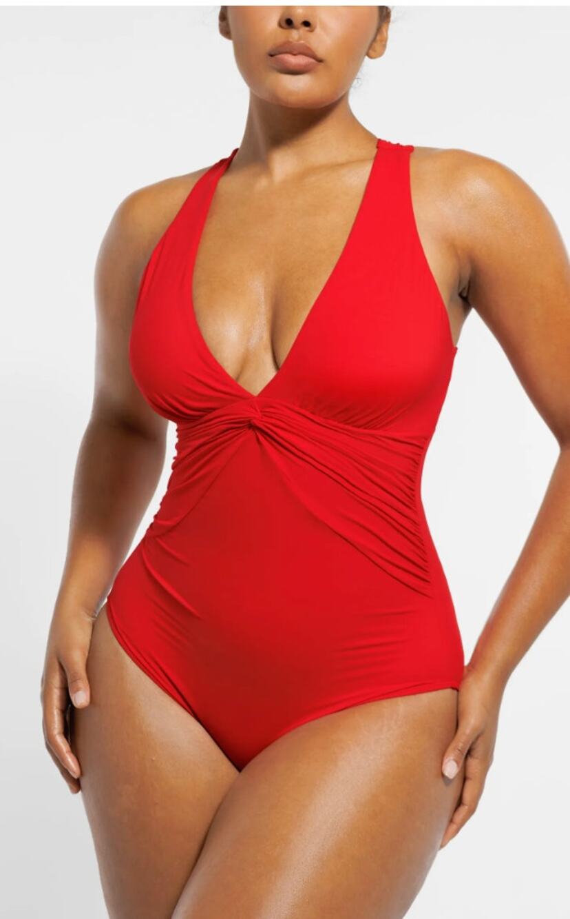Shapellx Plunge Ruched Twist-Front One Piece Swimsuit Women's L